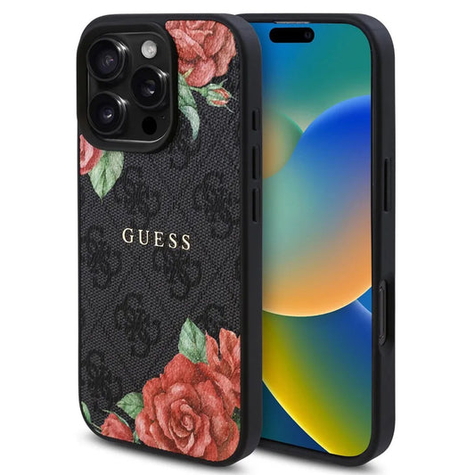 MagSafe Hülle für Apple iPhone 16 Pro Max, Guess, 4G Flowers Print, Schwarz