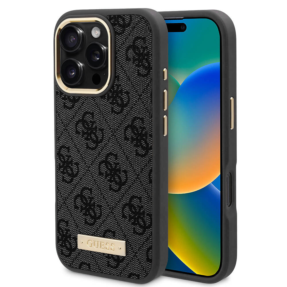 MagSafe Hülle für Apple iPhone 16 Pro Max, Guess, 4G Logo Plate, Schwarz