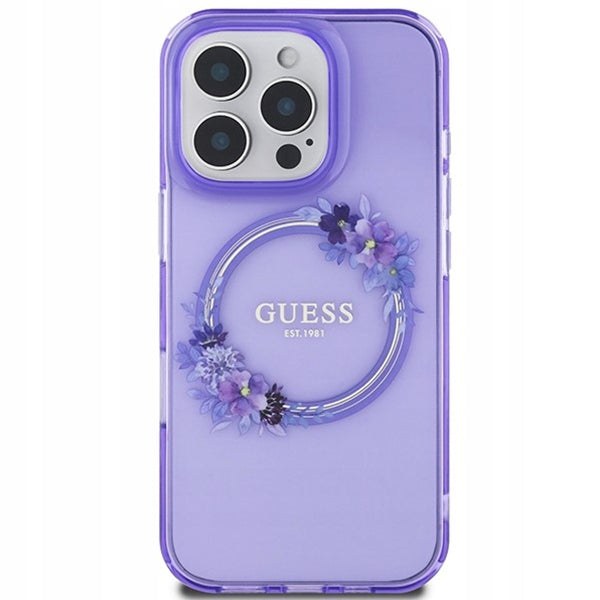 MagSafe Hülle für Apple iPhone 16 Pro Max, Guess, IML Flowers Wreath, Lila