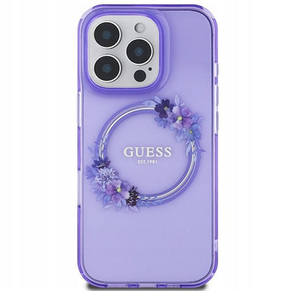 MagSafe Hülle für Apple iPhone 16 Pro Max, Guess, IML Flowers Wreath, Lila