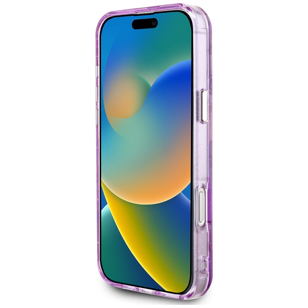 MagSafe Hülle für Apple iPhone 16 Pro Max, Guess, IML Metal Glitter Flowers Triangle, Lila