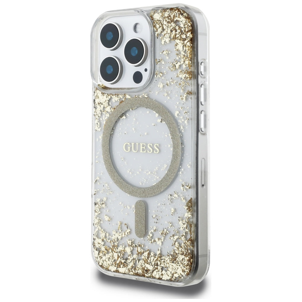 MagSafe Hülle für Apple iPhone 16 Pro Max, Guess, Resin Bottom Glitter, Gold