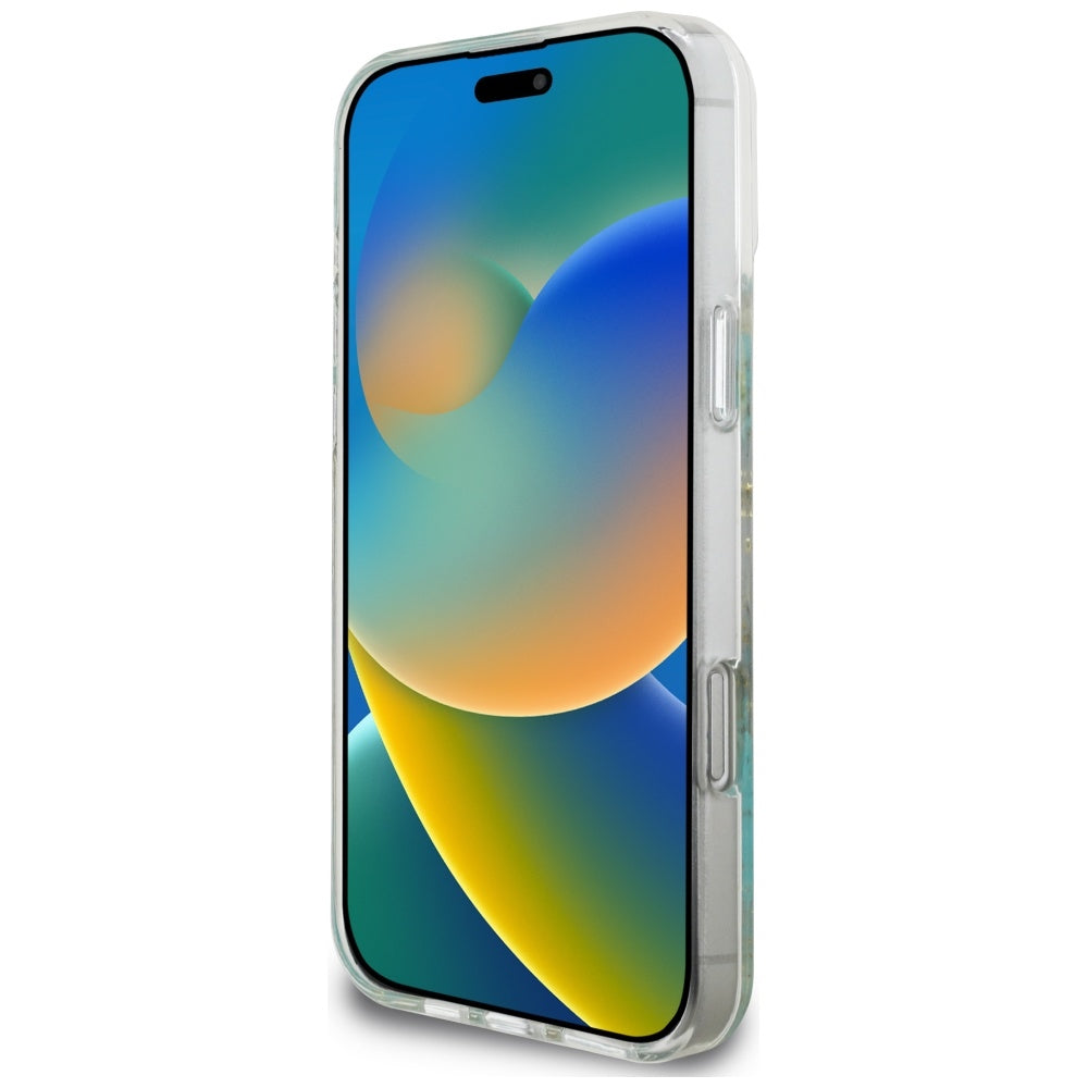 MagSafe Hülle für Apple iPhone 16 Pro Max, Guess, Resin Flowers and Glitter, Türkis