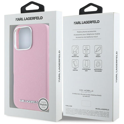 MagSafe Case for Apple iPhone 16 Pro Max, Karl Lagerfeld, Saffiano Full Wrapped Elongated Metal Logo, Pink