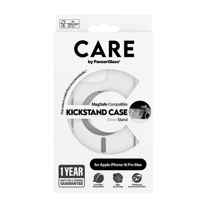 MagSafe Case for Apple iPhone 16 Pro Max, PanzerGlass, Care Feature Kickstand, Silver Transparent