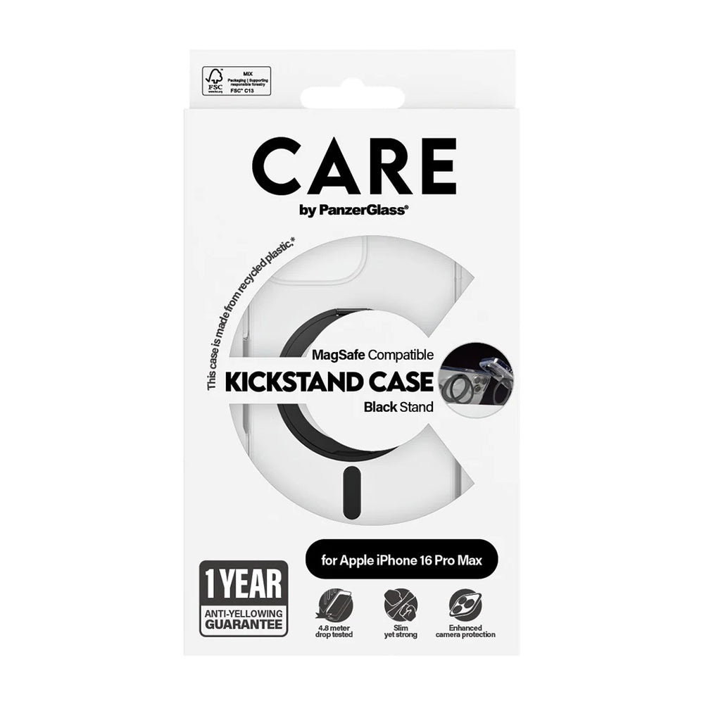 MagSafe Case for Apple iPhone 16 Pro Max, PanzerGlass, Care Feature Kickstand, Black Transparent