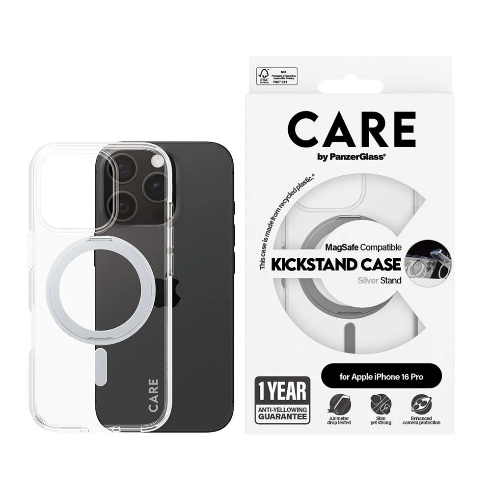 MagSafe Case for Apple iPhone 16 Pro, PanzerGlass, Care Feature Kickstand, Silver Transparent