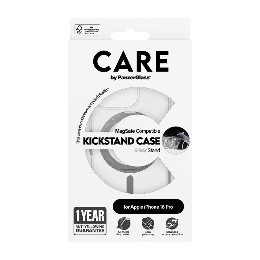 MagSafe Case for Apple iPhone 16 Pro, PanzerGlass, Care Feature Kickstand, Silver Transparent