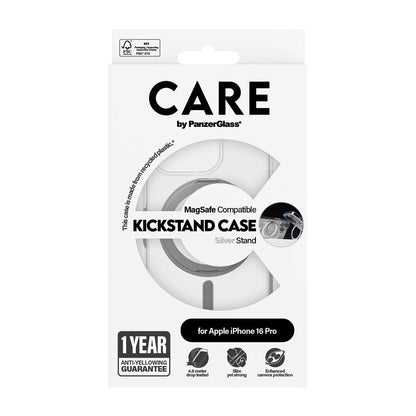 MagSafe Case for Apple iPhone 16 Pro, PanzerGlass, Care Feature Kickstand, Silver Transparent