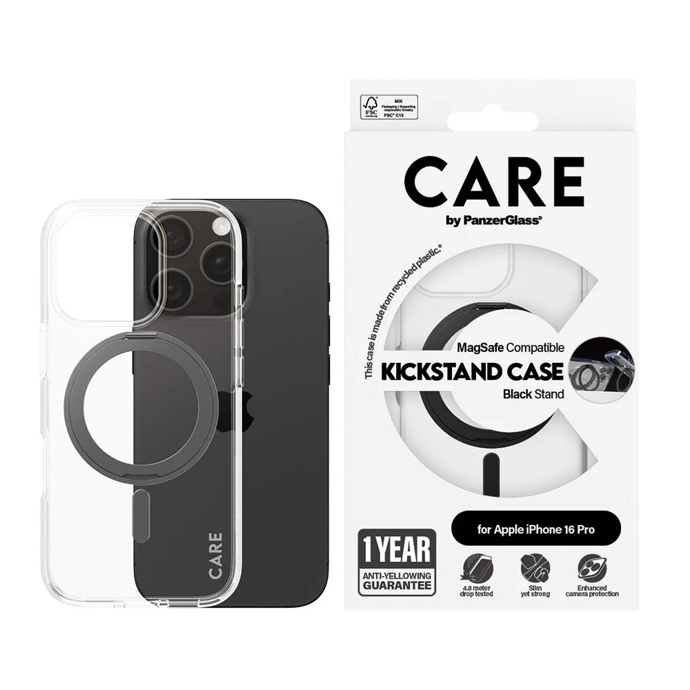 MagSafe Case for Apple iPhone 16 Pro, PanzerGlass, Care Feature Kickstand, Black Transparent