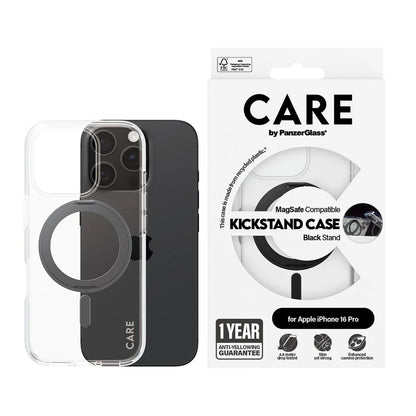 MagSafe Case for Apple iPhone 16 Pro, PanzerGlass, Care Feature Kickstand, Black Transparent