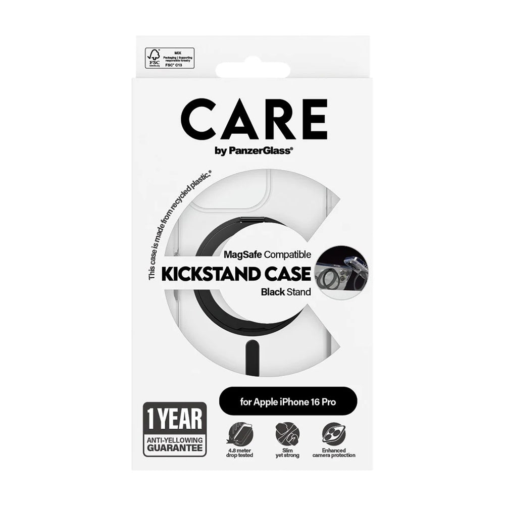 MagSafe Case for Apple iPhone 16 Pro, PanzerGlass, Care Feature Kickstand, Black Transparent