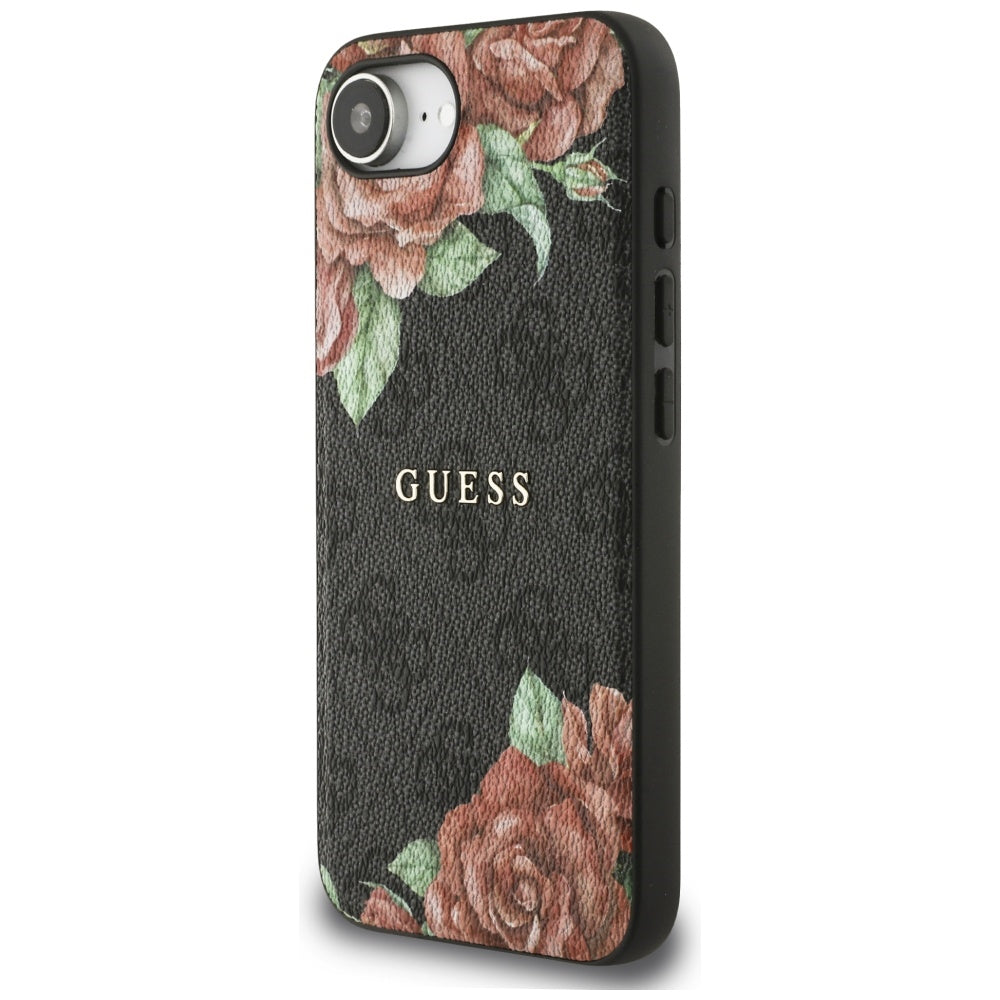 MagSafe Hülle für Apple iPhone 16e, Guess, 4G Flowers Print, Schwarz