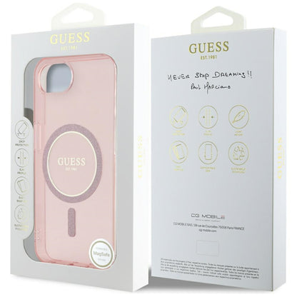 MagSafe Hülle für Apple iPhone 16e, Guess, IML Glitter Circle, Rosa