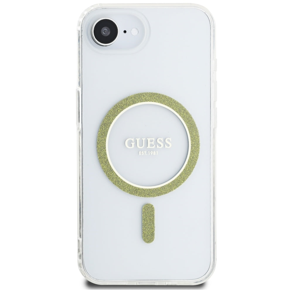 MagSafe Hülle für Apple iPhone 16e, Guess, IML Glitter Circle, Transparent