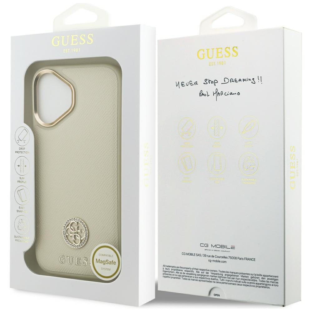 MagSafe Hülle für Apple iPhone 17, Guess, Grained Strass Logo, Beige