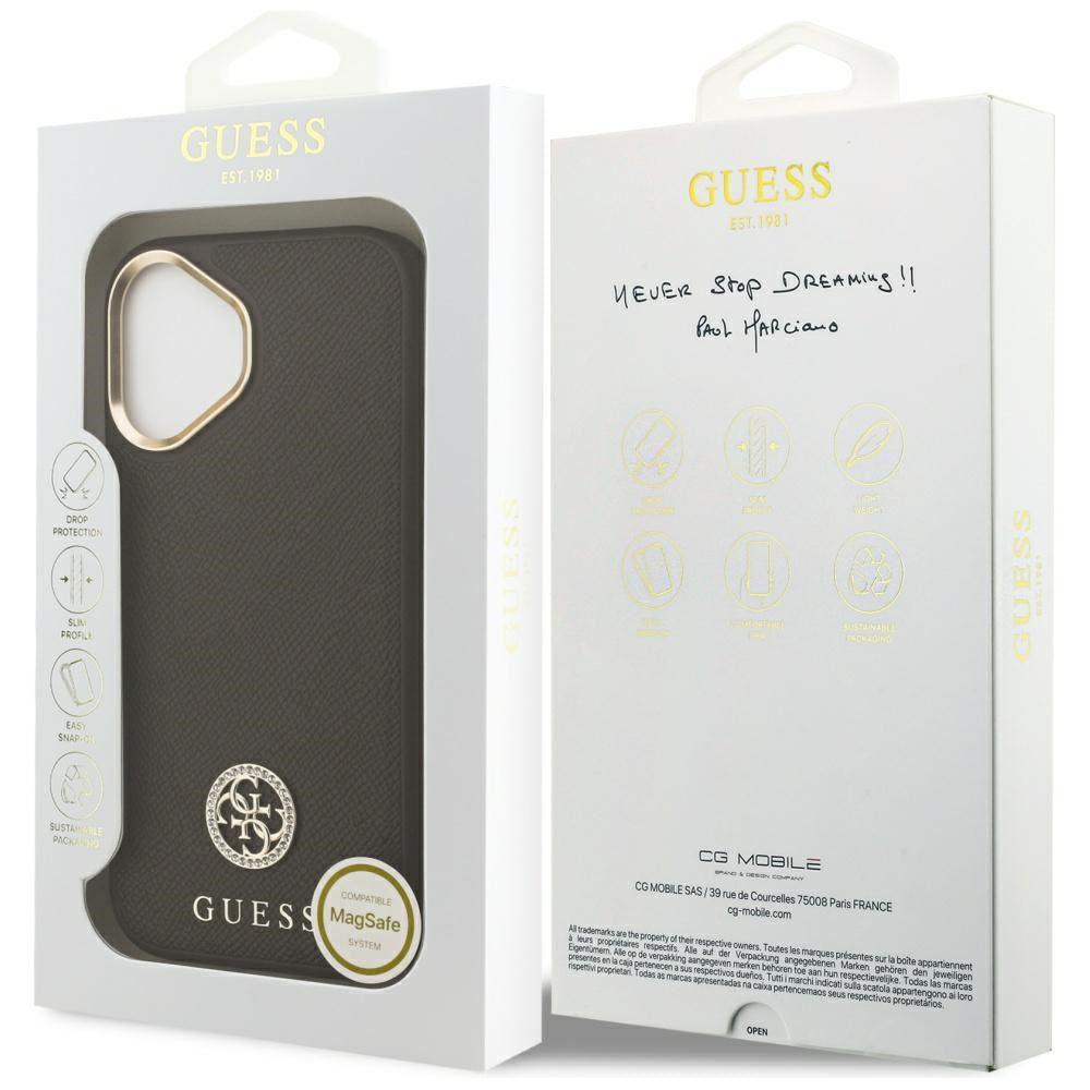 MagSafe Hülle für Apple iPhone 17, Guess, Grained Strass Logo, Braun