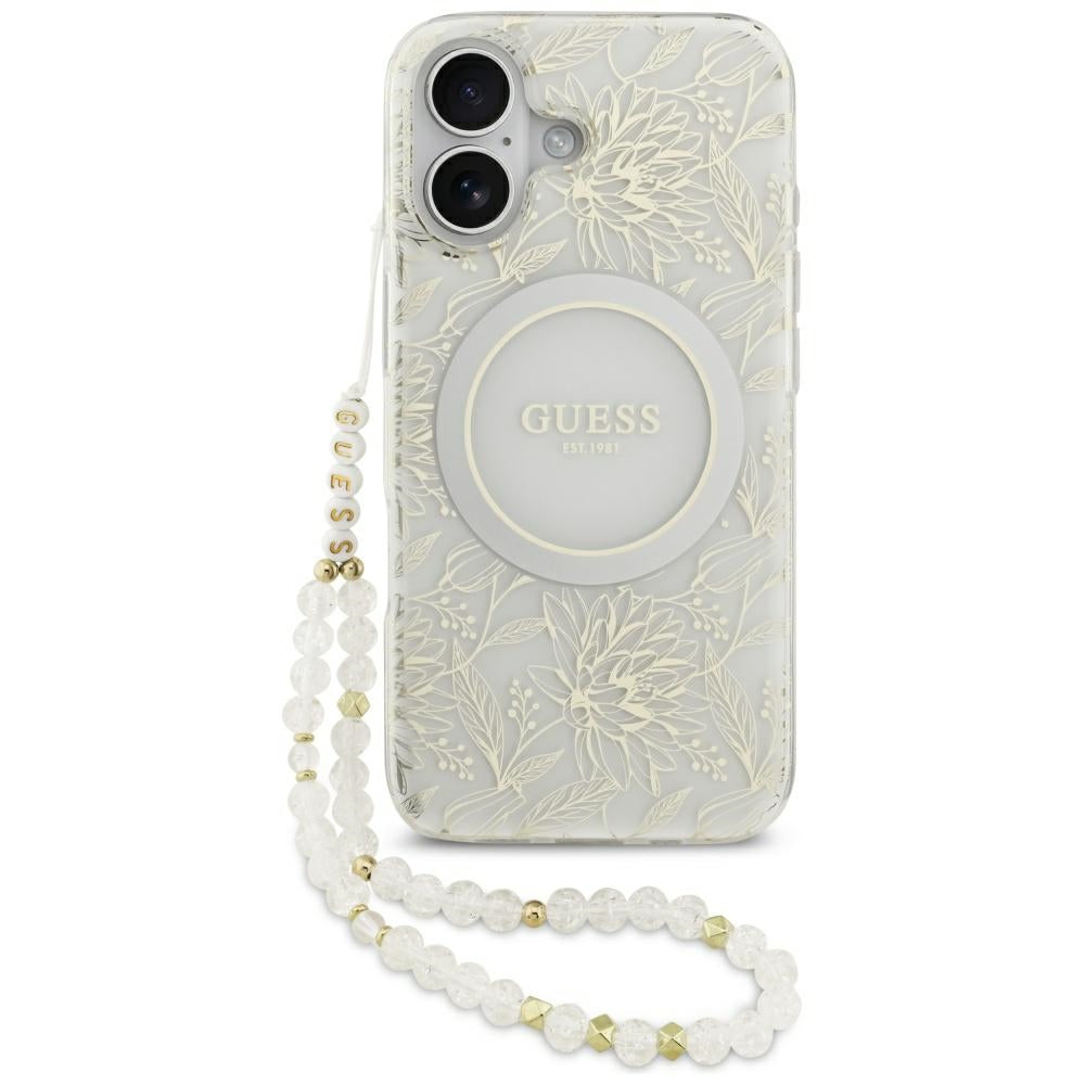 MagSafe Hülle für Apple iPhone 17, Guess, IML Flowers with Pearl Strap, Weiß
