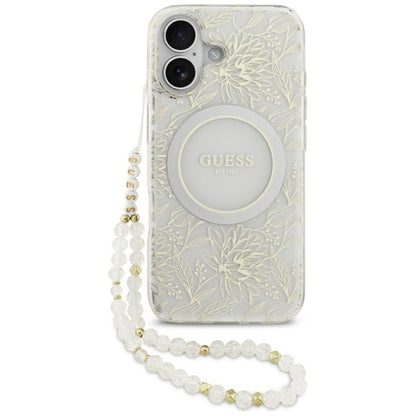 MagSafe Hülle für Apple iPhone 17, Guess, IML Flowers with Pearl Strap, Weiß