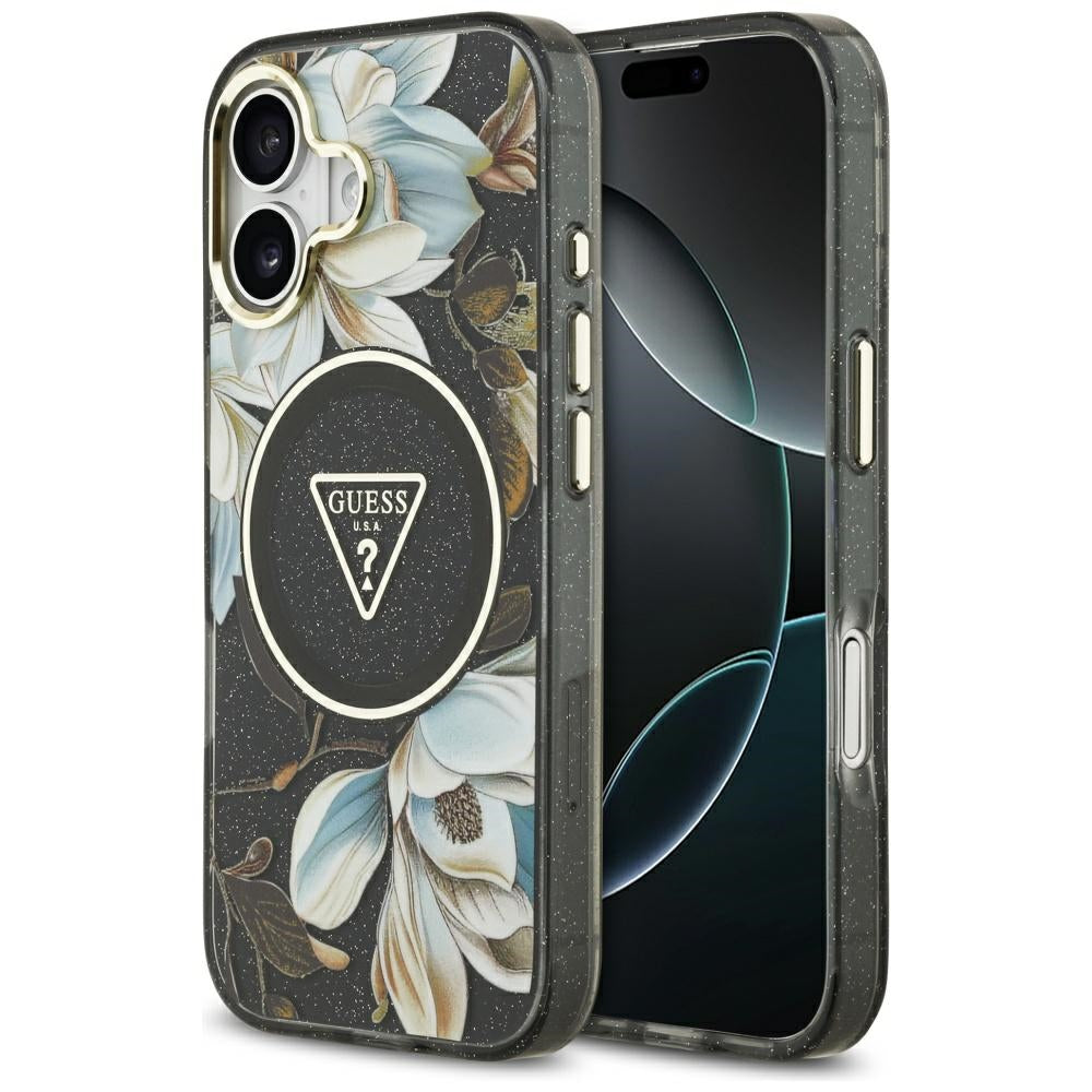 MagSafe Hülle für Apple iPhone 17, Guess, IML Metal Glitter Flowers Triangle, Schwarz