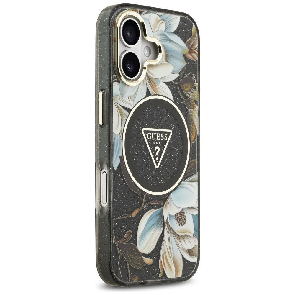MagSafe Hülle für Apple iPhone 17, Guess, IML Metal Glitter Flowers Triangle, Schwarz
