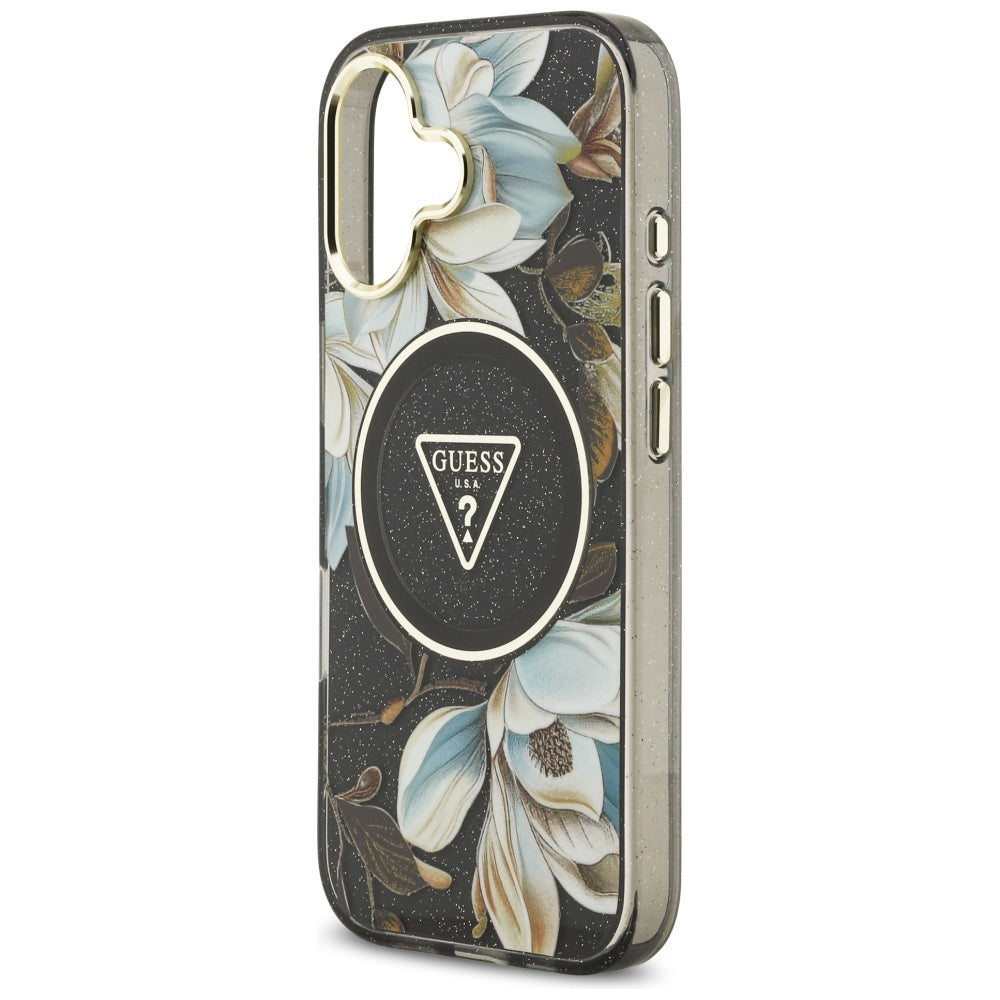 MagSafe Hülle für Apple iPhone 17, Guess, IML Metal Glitter Flowers Triangle, Schwarz