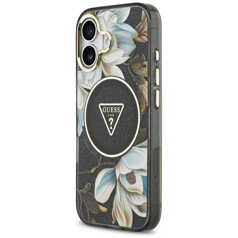 MagSafe Hülle für Apple iPhone 17, Guess, IML Metal Glitter Flowers Triangle, Schwarz