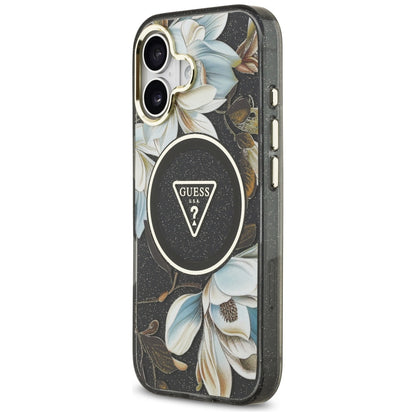 MagSafe Hülle für Apple iPhone 17, Guess, IML Metal Glitter Flowers Triangle, Schwarz