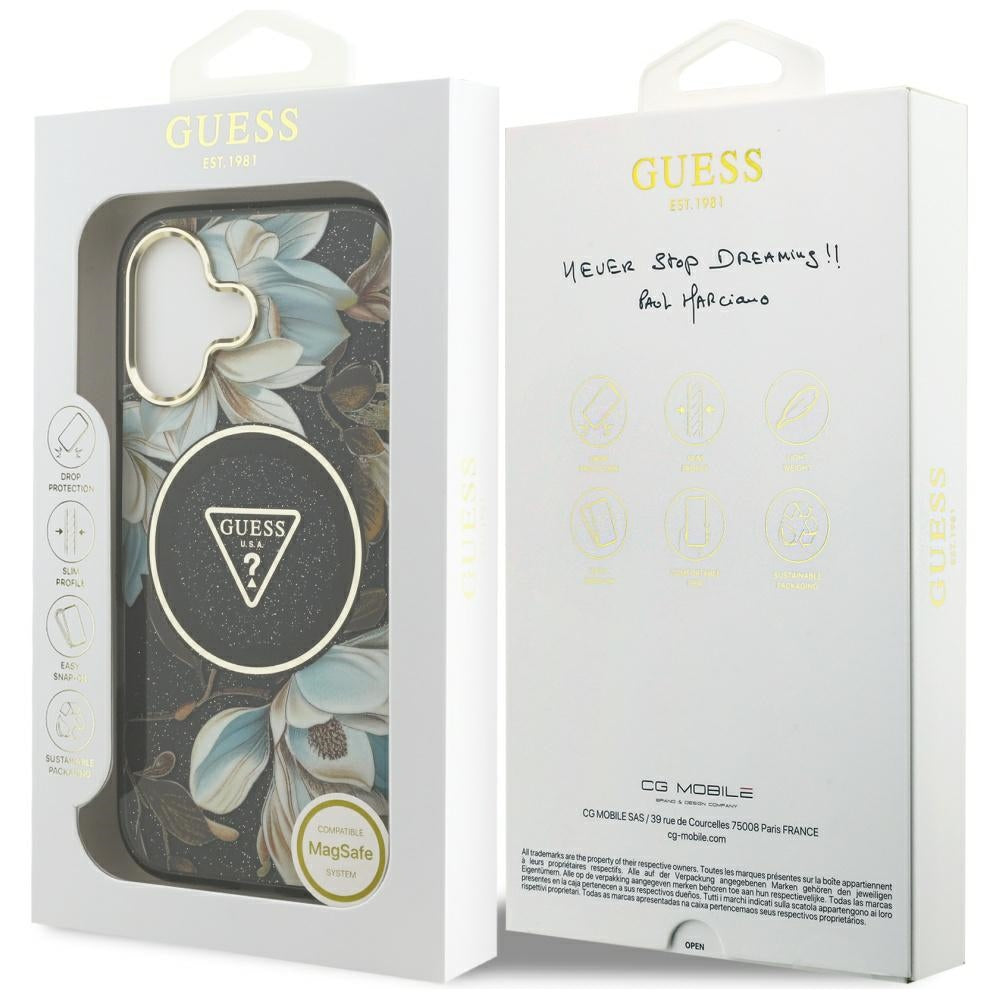 MagSafe Hülle für Apple iPhone 17, Guess, IML Metal Glitter Flowers Triangle, Schwarz