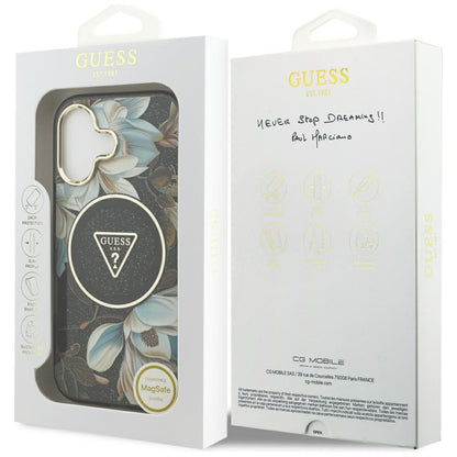 MagSafe Hülle für Apple iPhone 17, Guess, IML Metal Glitter Flowers Triangle, Schwarz