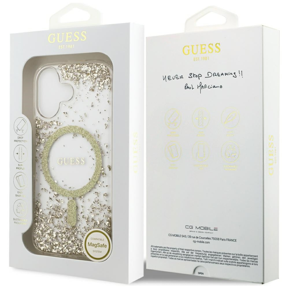 MagSafe Hülle für Apple iPhone 17, Guess, Resin Bottom Glitter, Gold