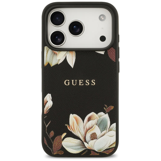 MagSafe Hülle für Apple iPhone 17 Pro, Guess, Grained Flowers, Schwarz