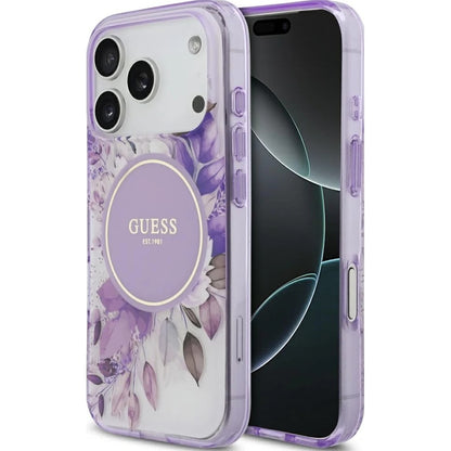 MagSafe Case for Apple iPhone 17 Pro, Guess, IML Flower & Tonal Circle, Purple