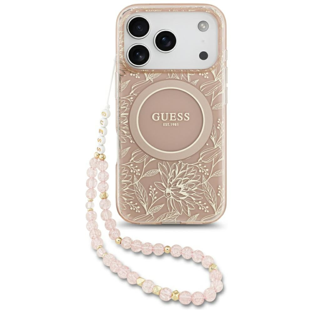 MagSafe Hülle für Apple iPhone 17 Pro, Guess, IML Flowers Allover Electroplated with Pearl Strap, Rosa