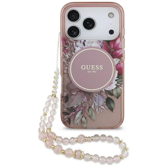 MagSafe Hülle für Apple iPhone 17 Pro, Guess, IML Flowers with Pearl Strap, Rosa