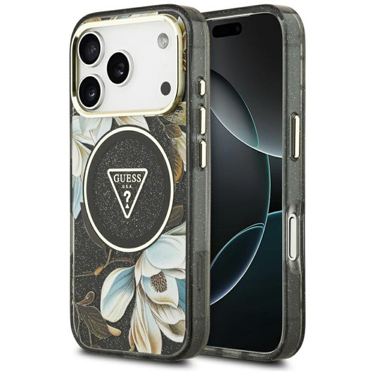MagSafe Hülle für Apple iPhone 17 Pro, Guess, IML Metal Glitter Flowers Triangle, Schwarz