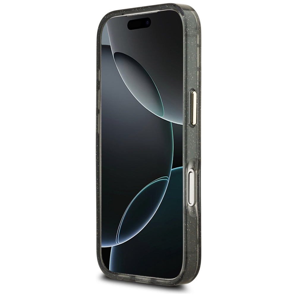 MagSafe Hülle für Apple iPhone 17 Pro, Guess, IML Metal Glitter Flowers Triangle, Schwarz