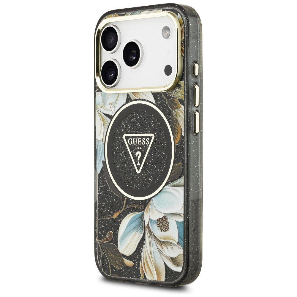 MagSafe Hülle für Apple iPhone 17 Pro, Guess, IML Metal Glitter Flowers Triangle, Schwarz