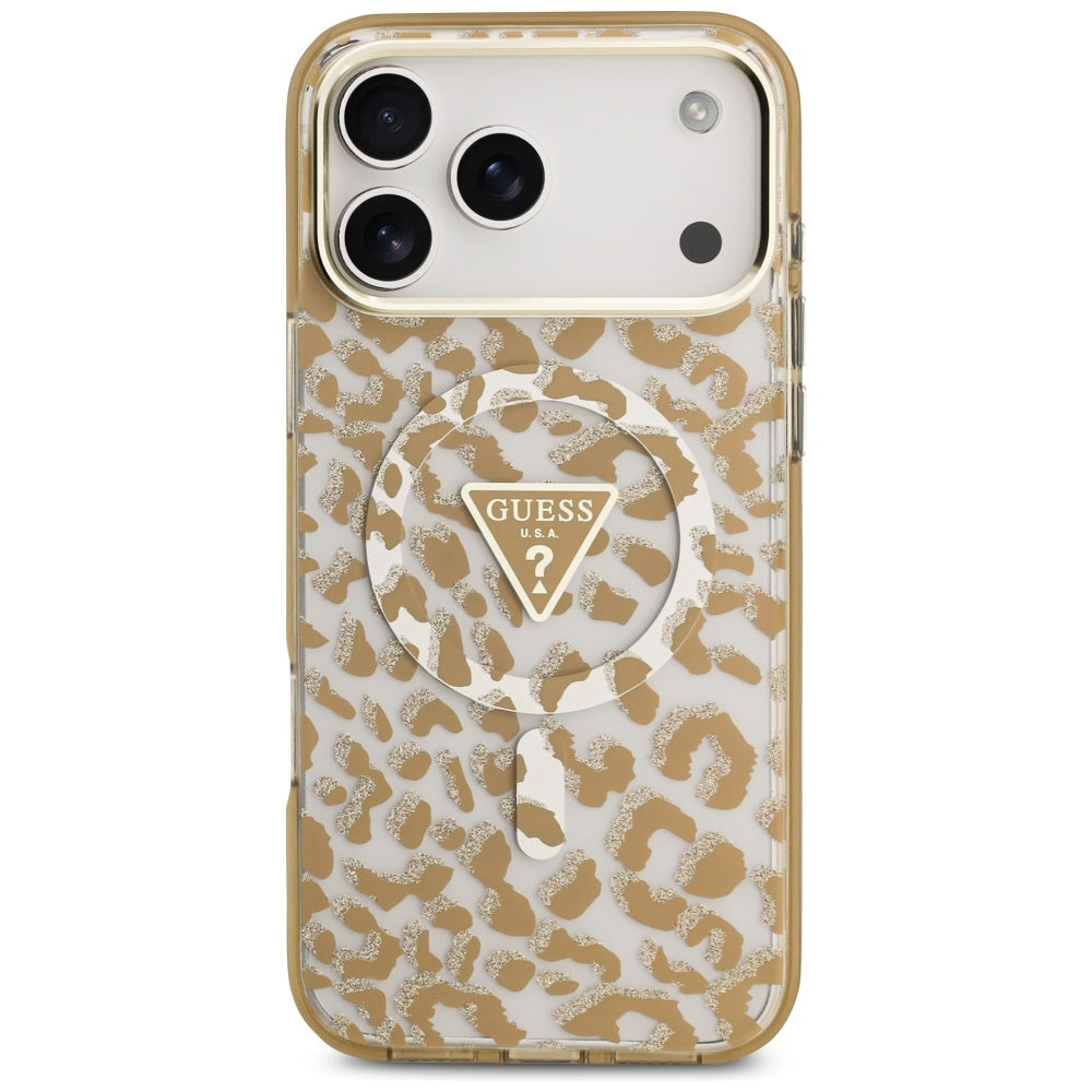 MagSafe Hülle für Apple iPhone 17 Pro, Guess, Leopard Glitter, Braun