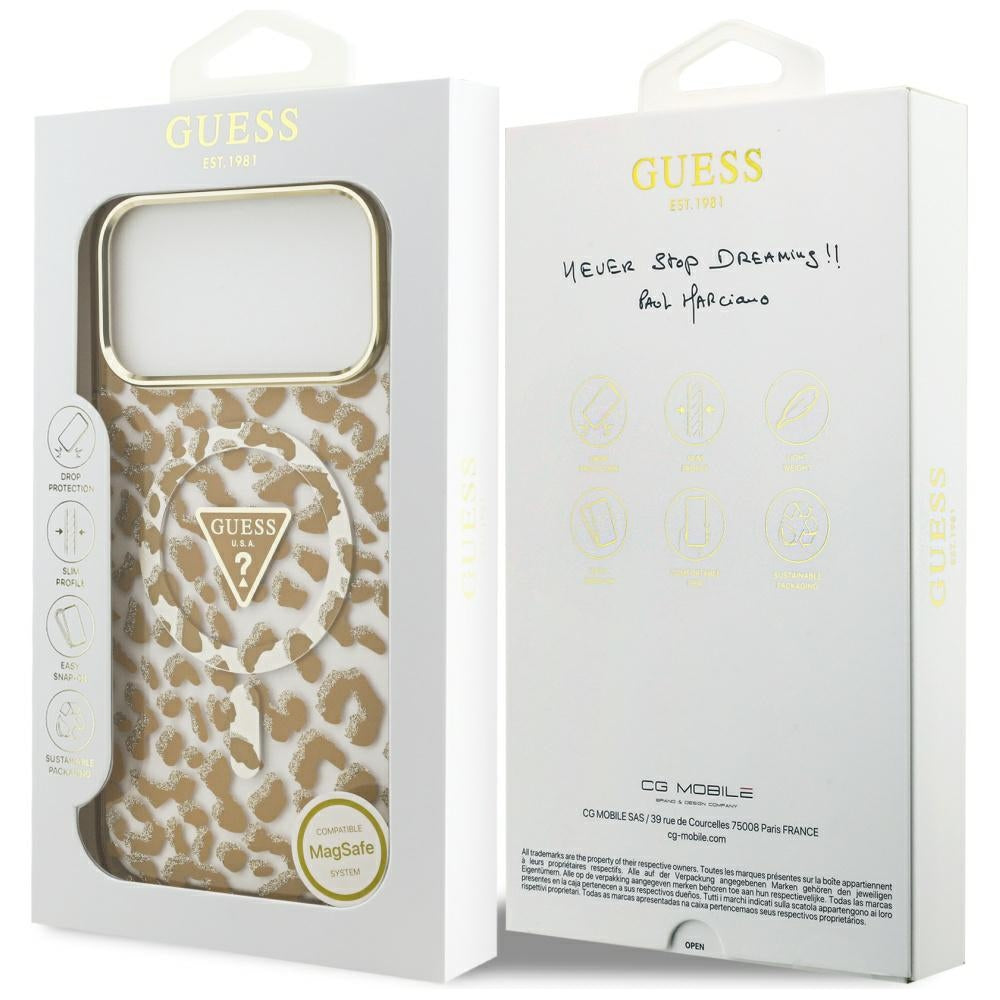 MagSafe Hülle für Apple iPhone 17 Pro, Guess, Leopard Glitter, Braun