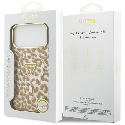 MagSafe Hülle für Apple iPhone 17 Pro, Guess, Leopard Glitter, Braun