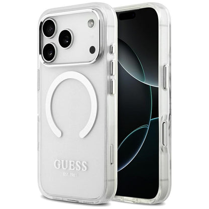 MagSafe Hülle für Apple iPhone 17 Pro, Guess, Metal Outline, Silber