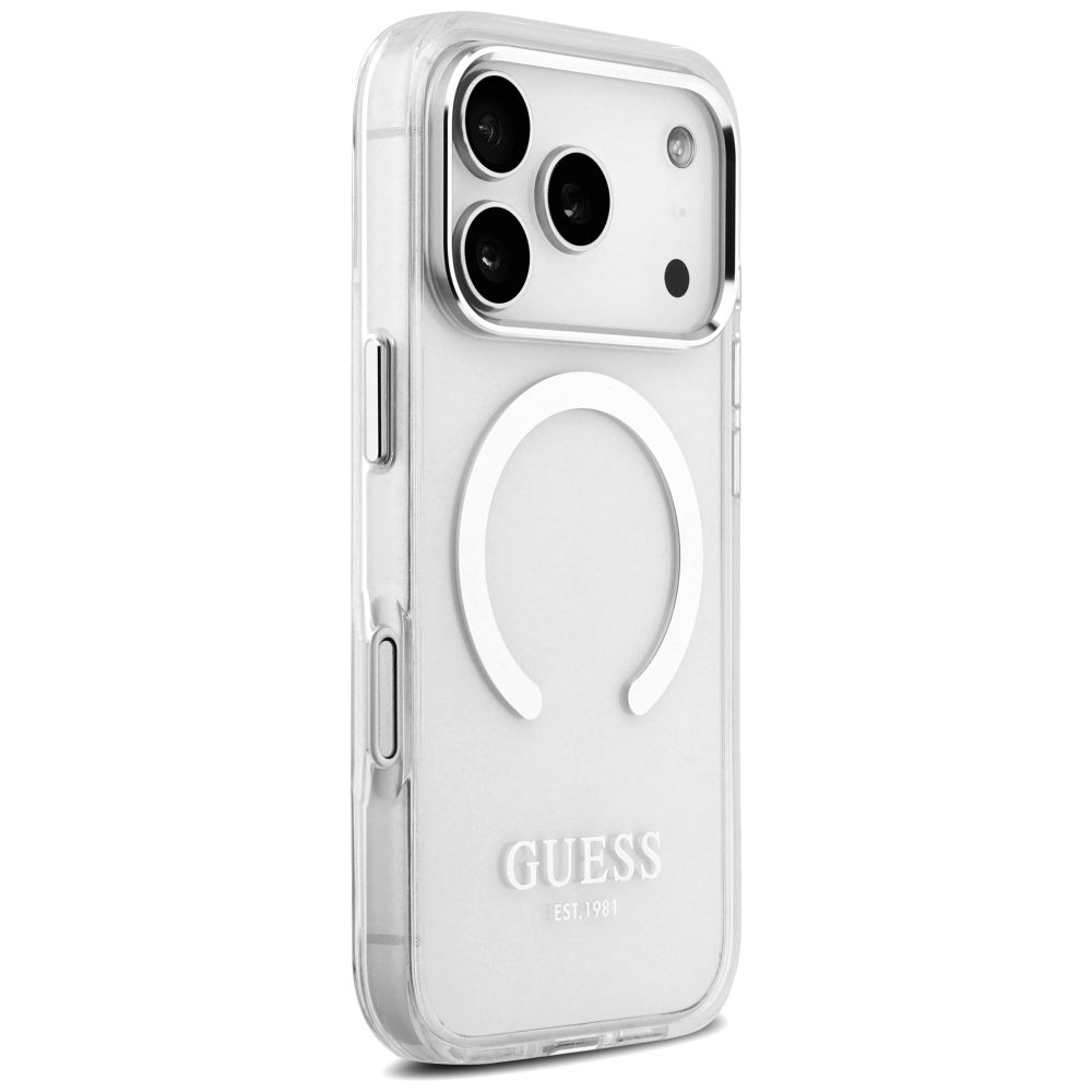 MagSafe Hülle für Apple iPhone 17 Pro, Guess, Metal Outline, Silber