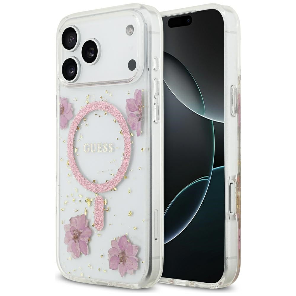 MagSafe Hülle für Apple iPhone 17 Pro, Guess, Resin Flowers and Glitter, Rosa