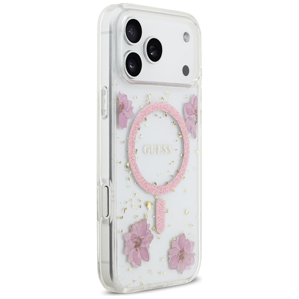 MagSafe Hülle für Apple iPhone 17 Pro, Guess, Resin Flowers and Glitter, Rosa