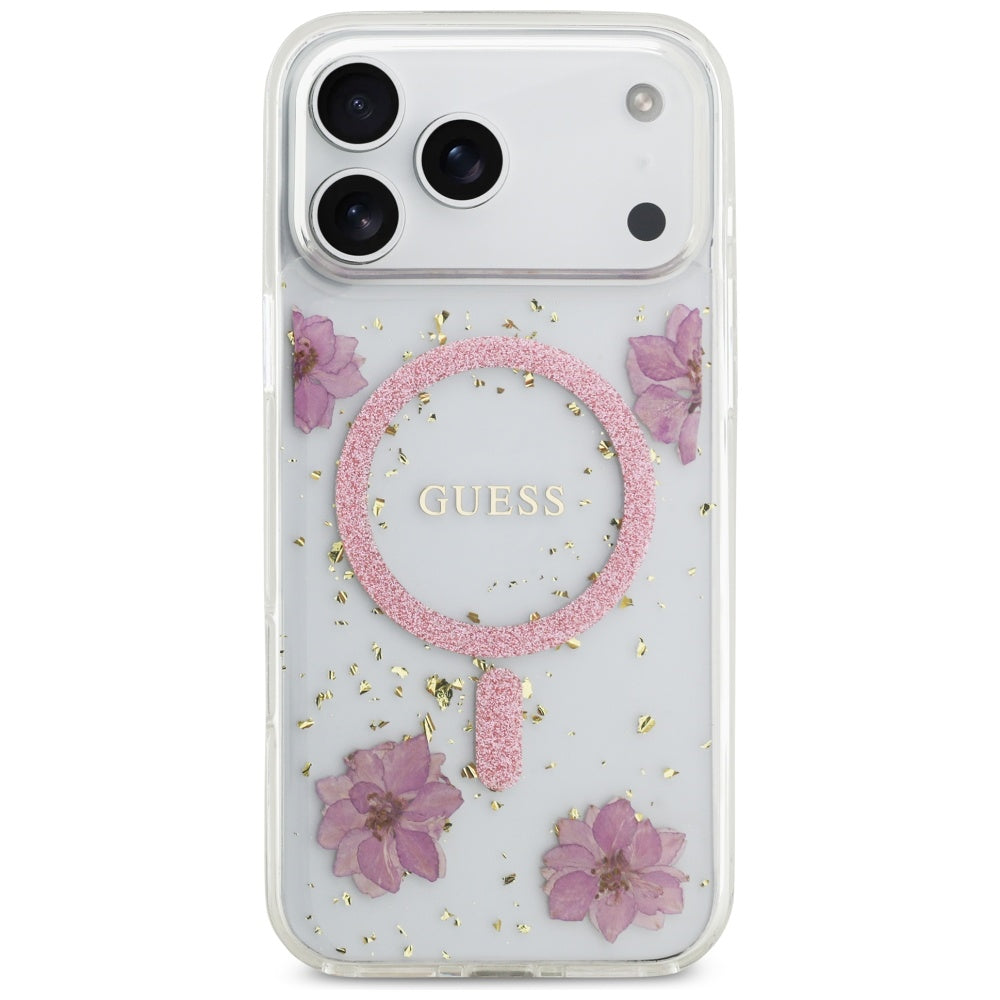 MagSafe Hülle für Apple iPhone 17 Pro, Guess, Resin Flowers and Glitter, Rosa