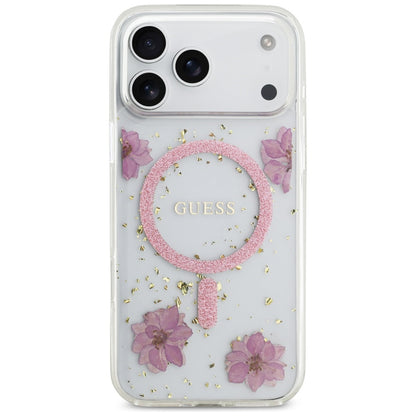 MagSafe Hülle für Apple iPhone 17 Pro, Guess, Resin Flowers and Glitter, Rosa