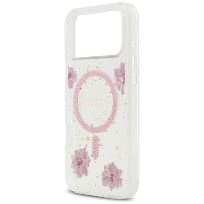 MagSafe Hülle für Apple iPhone 17 Pro, Guess, Resin Flowers and Glitter, Rosa