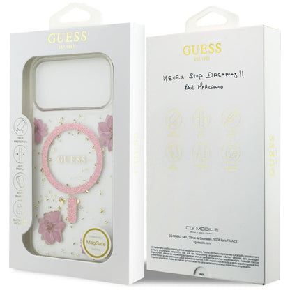 MagSafe Hülle für Apple iPhone 17 Pro, Guess, Resin Flowers and Glitter, Rosa