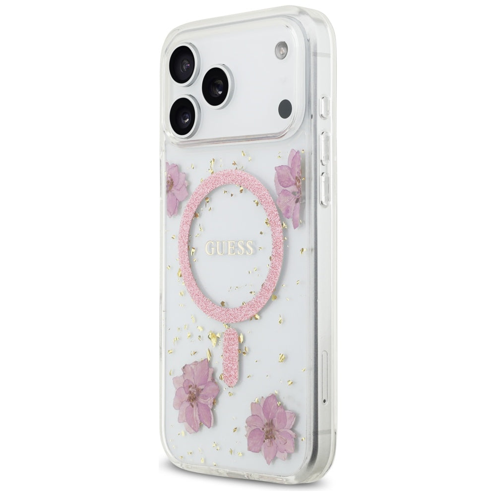 MagSafe Hülle für Apple iPhone 17 Pro, Guess, Resin Flowers and Glitter, Rosa